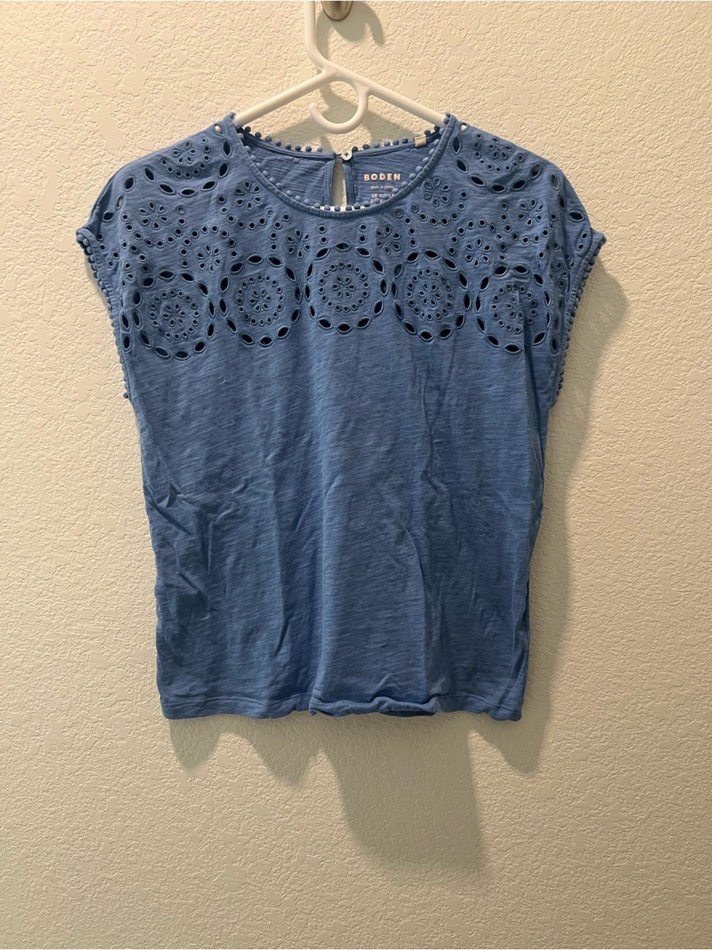 Boden Blue Eyelet Embroidered Top | US 6 | Pom Pom Trim